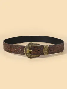 Vintage Bohemian PU Leather Belt For Women Western Cowboy Carved Alloy Buckle Floral Embossed Ethnic Style Waist Strap
