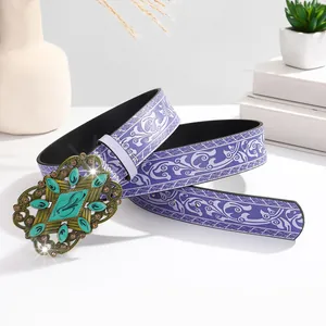 Purple retro ethnic belt with white floral pattern and turquoise bronze buckle