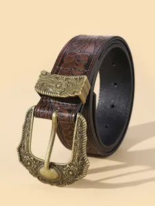 Vintage brown leather belt with embossed patterns and antique brass engraved buckle