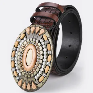 Bohemian retro PU leather belt with dark brown crocodile pattern and stone buckle