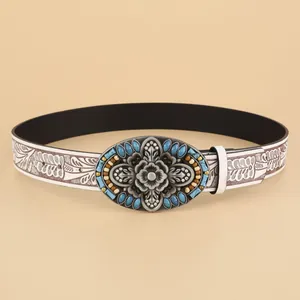 Bohemian Women Vintage PU Leather Belt Large Floral Alloy Buckle Inlaid Synthetic Turquoise Rhinestone Ethnic Waist Accessory