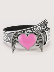 Detail of white PU leather belt with floral print and pink heart wing buckle
