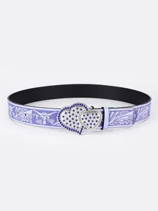 Detail of lavender PU leather belt with silver heart buckle and sapphire rhinestone inlay