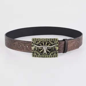 Western Cowboy PU Leather Belt Men Women Vintage Bull Head Carved Alloy Buckle Embossed Casual Waist Strap Jewelry Gift