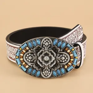 Bohemian white leather belt with vintage floral prints and turquoise oval buckle