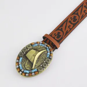 Bohemian western leather belt with vintage floral buckle and cowboy hat design