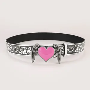 Women's Y2K Vintage PU Leather Belt With Pink Heart Wings Alloy Buckle Butterfly Floral Printed Waist Belt Fashion Accessory
