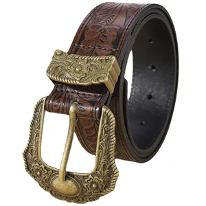 Vintage western leather belt with floral embossed patterns and bronze buckle