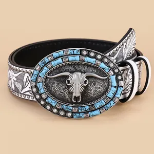 Western Vintage Cowboy Belt For Women Alloy Bull Head Skull Buckle With Turquoise Rhinestone Embossed PU Leather Strap White Belt