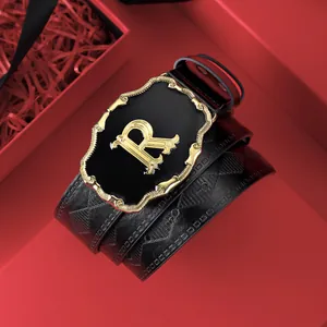 Ceinture de Business pour Hommes Fashion Baroque Boucle Dorée Lettre R Cuir PU Gauffré Sangle de Taille Réglable Bijoux