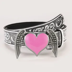 Pink heart wings buckle on white PU leather belt with vintage floral butterfly patterns