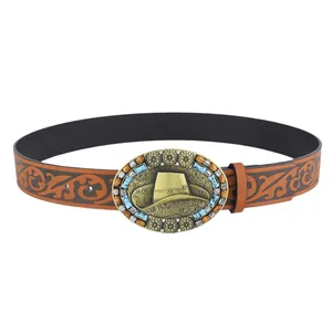 Bohemian brown embossed leather western belt with vintage turquoise cowboy hat buckle