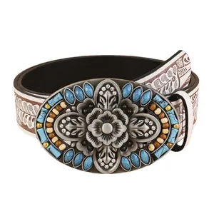 Bohemian vintage belt with turquoise floral metal buckle and white embossed leather