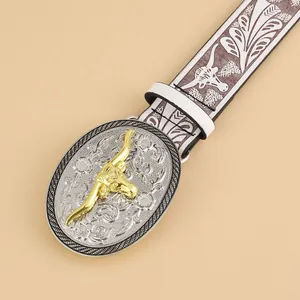 Bohemian western belt featuring golden bull head buckle and white embossed faux leather