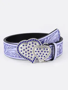 Macro detail of purple PU leather belt with vine pattern and rhinestone double heart buckle
