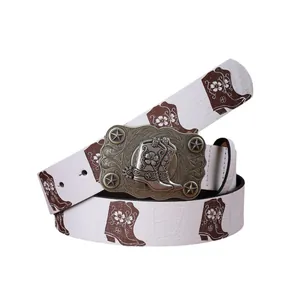 Ceinture western femme en cuir blanc embossé avec boucle botte de cowboy en bronze