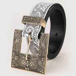 Ceinture rétro en cuir PU avec grande boucle en métal à fleurs et motif imprimé vintage