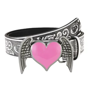 Pink heart buckle belt with silver wings on white printed PU leather strap for women