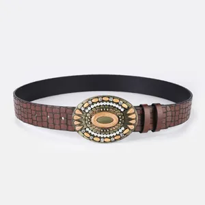 Bohemian Retro Women PU Leather Belt Crocodile Pattern Large Oval Metal Buckle Rhinestone Artificial Pearl Inlaid Ethnic Waistband