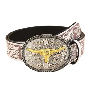 Western cowboy belt with golden longhorn bull buckle and floral embossed faux leather