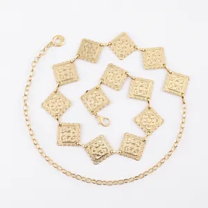 Elegant gold square forged waist chain belt with vintage hollow floral engraving and lobster clasp
