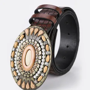 Bohemian brown leather belt with crocodile pattern and vintage turquoise metal buckle