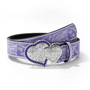 Women Western PU Leather Belt Double Heart Rhinestone Buckle Vintage Bull Head Floral Pattern Cowboy Waist Strap