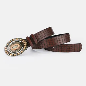 Bohemian dark brown faux leather belt with a large ornate turquoise oval buckle