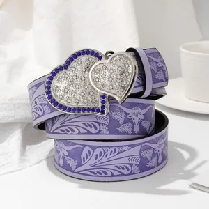 Purple western cowgirl belt with double heart rhinestone buckle and floral pattern