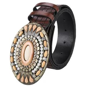 Bohemian brown PU leather belt with large turquoise buckle and pearl rhinestone inlay