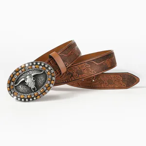 Vintage western leather belt with embossed longhorn bull buckle and floral detailing
