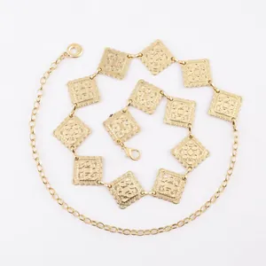 Elegant gold square forged link waist chain belt with vintage geometric hollow patterns