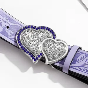 Lavender PU leather belt with dual heart sapphire crystal buckle and abstract patterns