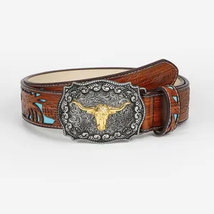 Vintage western leather belt with floral embossing and bull head metal buckle