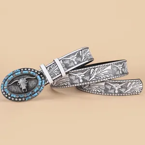 Western vintage white leather belt with silver bull head buckle and turquoise accents
