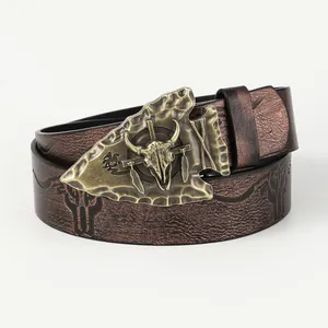 Western style belt with bull skull buckle and vintage distressed leather finish