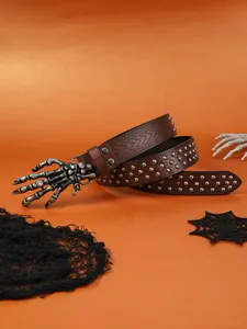 Gothic brown PU leather belt featuring silver skull hand buckle and triple rivet studs