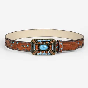 Women's vintage bohemian brown leather belt with floral embossing and turquoise buckle