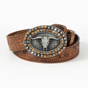 Vintage western PU leather belt with bull head buckle and floral embossing