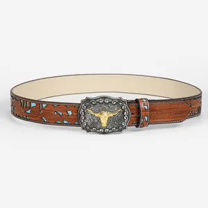 Women vintage western belt with embossed brown leather and gold bull head buckle