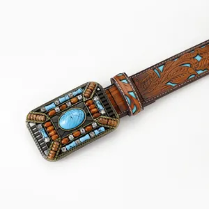 Boho brown leather belt with floral embossing and turquoise buckle for dresses