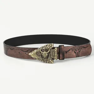 Vintage Western PU Leather Belt Bull Skull Arrow Buckle Embossed Tribal Pattern Cowboy Style Waistband For Men Women