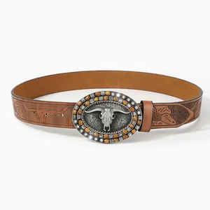 Vintage Western Cowboy PU Leather Belt For Women Embossed Floral Pattern Cow Skull Alloy Buckle With Rhinestone Wood Beads