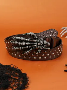Punk style dark brown snake pattern PU belt with silver skull hand metal buckle and studs