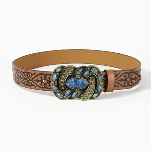 Vintage Bohemian Wide PU Leather Belt For Women Embossed Waistband Large Antique Bronze Buckle Blue Stone Inlaid Ethnic