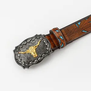 Vintage western leather belt with embossed floral patterns and gold bull head buckle