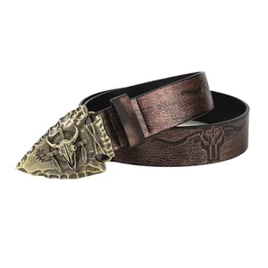 Western vintage brown leather belt featuring embossed longhorn bull skull buckle