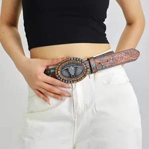 Western vintage brown leather belt with bull head buckle and turquoise flower embossing
