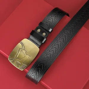 Ceinture Homme Business Décontracté en Cuir PU Boucle Plate en Métal Rétro Design Gaufré Ceinture Noire pour Jeans