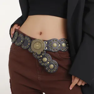 Vrouwen Vintage Western Riem PU Leer Cirkelvormig Patchwork Y2K Tailleband Grote Bronzen Legering Reliëf Gesp Jurk Casual